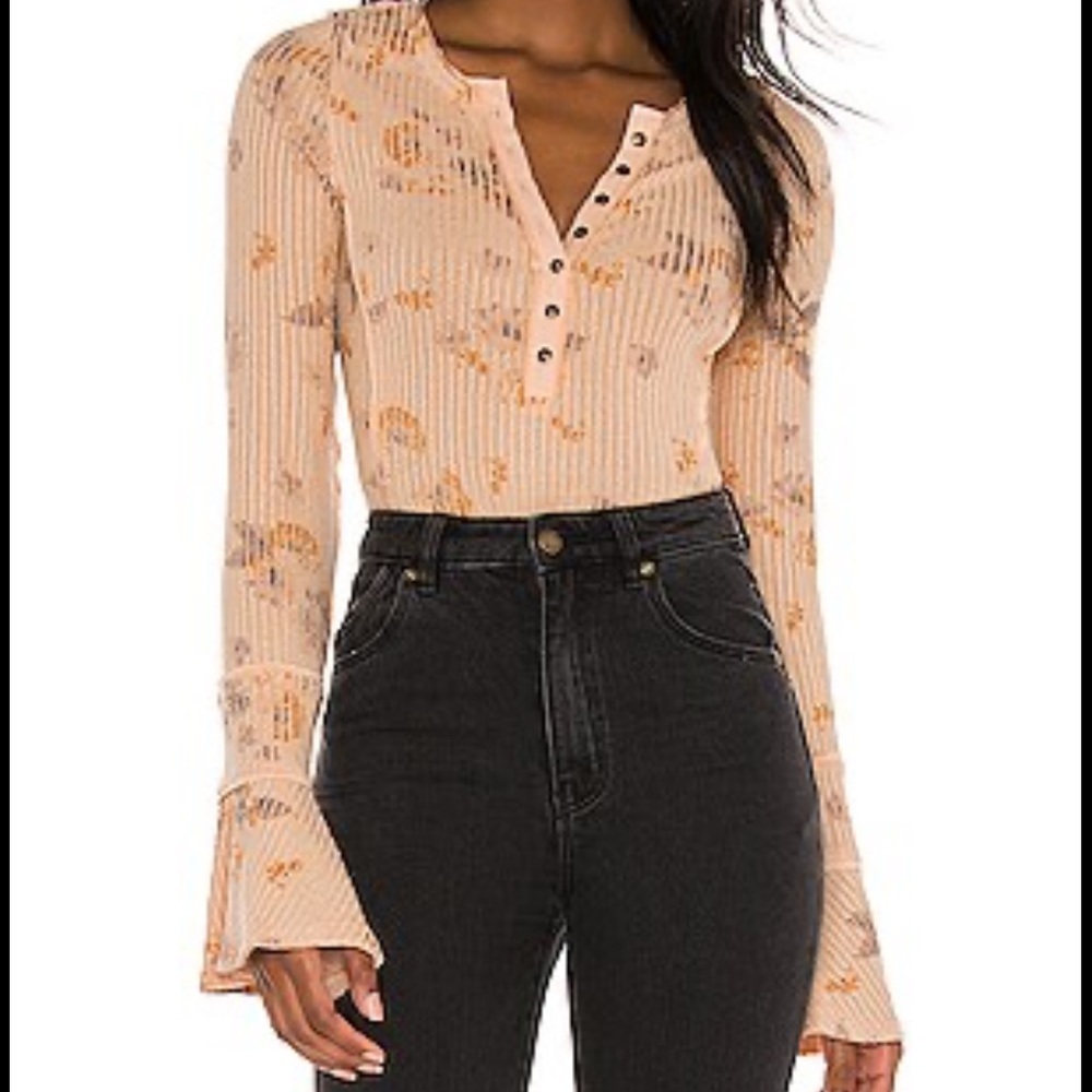 Free People‎ Womens Orange Floral Layer Me Henley in Just Peachy Combo Small